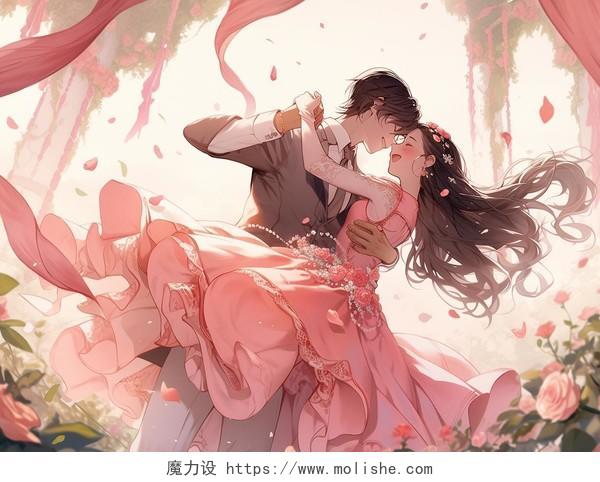 情侣浪漫拥抱跳舞甜蜜氛围七夕情人节童话粉色玫瑰水彩插画人物唯美梦幻日漫